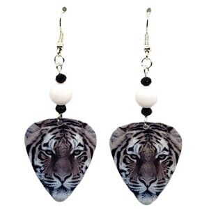 BENGAL TIGER on Guitar Pick Beaded Earrings - Handmade in USA NEW Clearance Sale
